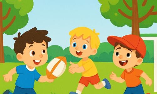 Quatre enfants jouent au rugby dans un parc verdoyant. Tom, 8 ans, cheveux bruns, porte un maillot bleu et court vers le ballon. Léo, 7 ans, cheveux blonds, en short rouge, se prépare à attraper la balle. Max, 6 ans, cheveux noirs et lunettes rondes, est près du but en t-shirt vert. Hugo, 7 ans, cheveux châtains et chapeau de baseball, rit en courant vers Léo. L'ambiance est joyeuse, avec des sourires radieux, alors que Tom lance la balle à Léo et Max se prépare à marquer. Le parc est rempli d'arbres, de fleurs colorées et d'oiseaux chantants.