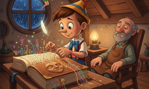 Pinocchio, marionnette en bois au visage tendre et aux articulations visibles, coud délicatement avec une aiguille d'or et des fils lumineux un grand grimoire usé dont la couverture sculptée laisse échapper des mots colorés ; la petite fée aux ailes translucides flotte au-dessus en laissant tomber une plume brillante tandis que Geppetto, vieux menuisier barbu, dort sur une chaise à côté, lampe à huile allumée dans un grenier sous les combles humide par la pluie, créant une atmosphère nocturne chaleureuse ponctuée d'étincelles autour des fils cousus.