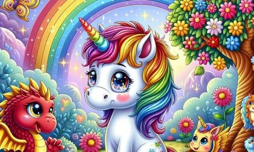 Illustration d'une petite licorne magique aux couleurs de l'arc-en-ciel, avec une crinière scintillante et des yeux pétillants de malice, mais légèrement triste dans un jardin fleuri, entourée de fleurs éclatantes et de papillons. À proximité, un dragonnet aux écailles rouges et or, avec un sourire encourageant, l'observe, prêt à la réconforter avec des histoires. Un petit griffon aux plumes dorées dessine des arcs-en-ciel au sol, affichant une expression joyeuse. Le jardin enchanteur est rempli de fleurs colorées, d'un arbre majestueux aux feuilles dorées, et de fruits en forme d'étoiles, le tout baigné d'une lumière magique. La licorne se tient près de l'Arbre de l'Espoir, fermant les yeux pour faire un vœu, entourée de ses amis prêts à l'encourager. L'atmosphère est réconfortante, avec des étoiles scintillantes et des rayons de lumière filtrant à travers les feuilles.