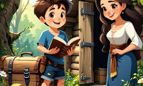 Lucas, un garçon de 11 ans aux cheveux châtains en bataille et aux yeux pétillants, se tient devant un vieux coffre en bois dans une cabane cachée par des herbes hautes. Il porte un t-shirt bleu à motif de pirate et un short en jean, son visage rayonnant d'excitation en découvrant un livre ancien. À ses côtés, sa maman, une femme d’une trentaine d’années aux cheveux longs et bruns, sourit en tenant un bol de fruits colorés, vêtue d'une robe d'été à fleurs. Un groupe d'enfants, dont Clara, une fille de 10 ans avec des tresses blondes, s'approche curieusement du coffre. La cabane rustique, avec ses murs en bois vieilli et ses rayons de lumière filtrant à travers une fenêtre poussiéreuse, crée une atmosphère magique. Lucas, entouré de sa maman et de ses amis, explore le coffre, découvrant ensemble un livre de recettes de potions, tandis que leurs rires résonnent, promettant aventures et amitié.