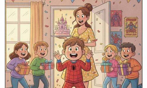Un garçon de 10 ans, visage rond avec taches de rousseur, cheveux châtain courts, yeux verts, souriant et surpris en pyjama Spiderman, mains levées et légèrement penché en avant ; sa mère d'environ 35 ans, cheveux bruns en chignon et robe jaune à pois, tient un grand gâteau en forme de château avec bougies allumées derrière lui ; quatre amis (deux garçons, deux filles, ~9‑10 ans) en vêtements colorés, portant des cadeaux, courent de part et d'autre en criant "Surprise!" ; le salon chaleureux est décoré de guirlandes multicolores, ballons rouges et bleus, posters de super-héros, table en bois avec assiettes et confettis, lumière dorée par la fenêtre ; la porte est grande ouverte, confettis jaillissent, atmosphère festive et mouvementée avec composition dynamique et expressions exagérées style bande dessinée.