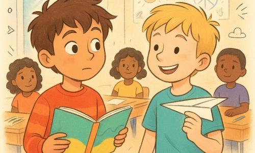 Yanis, un garçon de 10 ans aux cheveux bruns ébouriffés et aux yeux curieux, tient un carnet coloré, son visage réfléchi. À ses côtés, Emil, également 10 ans, avec des cheveux blonds et un sourire amical, tient un avion en papier prêt à être lancé. Ils sont dans une salle de classe lumineuse aux murs ornés de dessins d'enfants, avec des tables en bois couvertes de crayons et de papiers. Yanis et Emil échangent des idées sur la paix, entourés de camarades attentifs, créant une atmosphère de partage et de découverte.