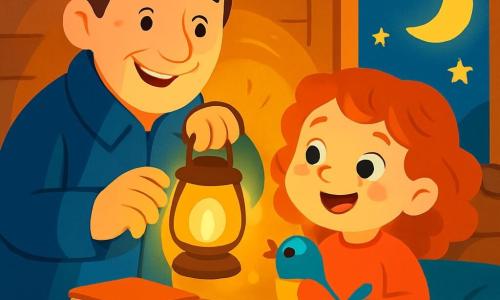 Un homme au manteau bleu se tient au centre de l'image, tenant une lampe qui éclaire son visage. À ses côtés, une petite fille aux cheveux roux, âgée d'environ 7 ans, regarde la lampe avec émerveillement. Un oiseau coloré, perché sur la table, chante gaiement. La scène se déroule dans une maison en bois avec des murs en pierre et une fenêtre ouverte laissant entrer une douce lumière dorée. La pièce est chaleureuse, avec des livres sur la table et des coussins autour. L'homme et la petite fille partagent un moment de bonheur, tandis que la lumière de la lampe et les étoiles à travers la fenêtre créent une atmosphère féerique.