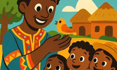 Un homme nommé Kofi, souriant et bienveillant, tient un petit oiseau dans ses mains. Il porte une tunique colorée et semble heureux, entouré de trois enfants émerveillés. La scène se déroule dans un village africain avec des maisons en terre cuite et un ciel bleu. Kofi soigne l'oiseau blessé, tandis que les enfants expriment leur joie et leur curiosité.