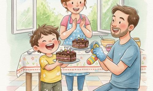 Garçon de 4 ans joyeux aux cheveux bruns en bataille, t-shirt taché de farine, tenant une part de gâteau au chocolat décorée de petits bonbons en forme d'animaux et riant ; la maman d'environ 30 ans, chignon, souriante et protectrice, applaudit en tablier à pois avec de la farine sur les mains ; le papa d'environ 32 ans, barbe légère, accroupi face au garçon, fait une voix drôle avec une chaussette-poisson ; scène dans une cuisine lumineuse avec table en bois, bols et bonbons éparpillés et fenêtre ouverte sur un jardin flou — moment de fête des pères chaleureux et comique autour d'un "gâteau-zoo", rires, gestes animés, ambiance câline aux couleurs pastel.