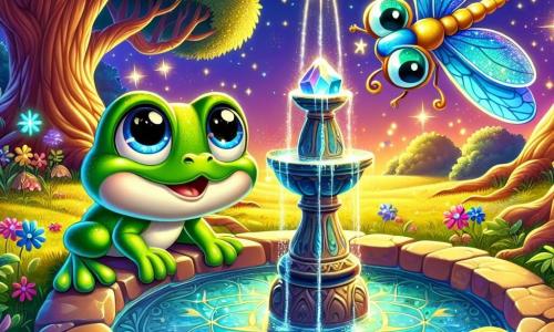 Une petite grenouille nommée Léon, avec une peau verte et de grands yeux ronds, se tient au bord d'une fontaine étincelante, affichant une expression d'émerveillement. À côté de lui, une libellule bleue nommée Lila vole gracieusement, ajoutant de la magie à la scène. La clairière est baignée d'une lumière dorée, entourée d'arbres majestueux et de fleurs colorées. La fontaine reflète les étoiles du ciel nocturne. Léon et Lila s'apprêtent à découvrir le secret de la pierre magique, remplis d'excitation.