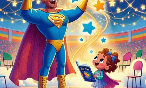 Super-Ray, un homme grand en cape bleue et bottes qui font « pouet pouet », sourit en levant les bras pour faire briller des étoiles autour de lui. Il a des cheveux dorés et des yeux pétillants. À ses côtés, Lila, une petite fille de 6 ans avec des cheveux bouclés et une robe rose, admire les étoiles dansantes tout en tenant un livre ouvert. La scène se déroule dans la grande salle ronde de l’École des Héros, aux murs arc-en-ciel qui changent de couleur au rire. Des chaises en forme de nuages flottent et des guirlandes de lumières scintillent au plafond. Super-Ray enseigne aux petits héros à faire briller leurs pouvoirs, et Lila, excitée, essaie de faire briller une étoile avec son livre magique.