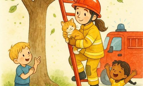 Une femme pompier souriante au casque rouge et veste jaune monte une grande échelle peinte en rouge pour tendre la main et sauver un petit chat roux et blanc blotti contre sa main gauche; elle a les cheveux bruns en queue de cheval et un regard doux et concentré. À la base, un camion de pompier rouge aux éclats de peinture visible est garé près d’un grand chêne feuillu, une fillette de 4 ans en robe jaune à pois blancs saute de joie à droite et un garçon d’environ 6 ans en short bleu applaudit et pointe à gauche; l’ambiance est lumineuse et douce, traits à l’encre colorée, contours simples et couleurs vives.