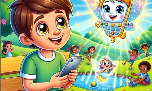 Léo, un jeune garçon aux cheveux bruns et aux yeux curieux, est assis sur un banc dans un parc ensoleillé, souriant et tenant un téléphone brillant. À côté de lui, Alex, le téléphone, avec un écran lumineux et des boutons colorés, semble joyeux. En arrière-plan, Lila, une petite fée lumineuse aux ailes scintillantes, vole autour d'eux en lançant des étincelles. Le parc est rempli de fleurs colorées, d'arbres et d'enfants jouant, créant une atmosphère dynamique. La scène montre Léo riant avec ses amis, illustrant l'équilibre entre le monde numérique et le monde réel, sous les rayons du soleil.