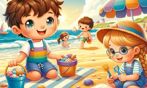 Lucas, un garçon de 10 ans aux cheveux châtains en bataille et aux yeux joyeux, est assis sur le sable doré de la plage, souriant. Il porte un maillot de bain bleu et un t-shirt coloré, tenant un seau de coquillages et une pelle, prêt à construire un château de sable. À côté de lui, Emma, une fille de 10 ans avec de longs cheveux blonds tressés et un chapeau de paille, dessine le paysage sur son carnet. Un peu plus loin, Max, un garçon de 10 ans avec des lunettes et des cheveux bruns, ramasse des coquillages, concentré mais souriant. La scène se déroule sur une plage ensoleillée, avec des vagues douces, des parasols colorés et des enfants jouant au loin, illustrant la joie des vacances d'été et l'amitié.