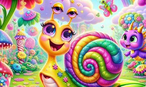 Au centre de l'image, une limace joyeuse nommée Limi, avec une coquille colorée en spirale ornée de paillettes, sourit en laissant derrière elle une traînée de lumière. Ses yeux brillent sous le soleil tandis qu'elle danse sur une feuille verte, ses antennes vibrantes au rythme de la musique. À côté, un dragon violet nommé Zippy, avec des ailes brillantes, effectue une pirouette dans les airs, montrant son enthousiasme. Le décor est un jardin féérique, rempli de fleurs géantes, de nuages en forme de barbe à papa et de maisons en bonbon, avec des bonbons tombant du ciel. Limi et Zippy préparent un grand bal dans le jardin, entourés de chaussettes dansantes et de fourmis joyeuses, prêts à célébrer l'amitié et la joie.