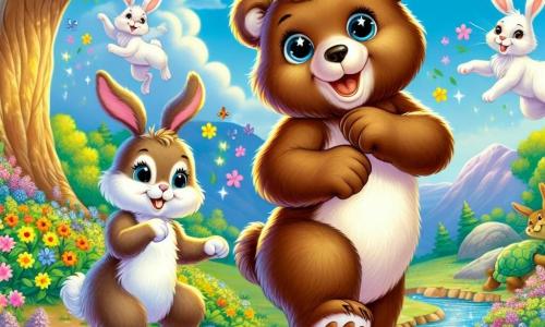 Dans une clairière ensoleillée, un petit ours brun nommé Oscar danse joyeusement parmi des fleurs colorées, tandis que sa maman, une grande ourse douce, l'observe avec fierté près d'un arbre. Des lapins sautent autour d'eux et une tortue se prélasse au soleil. L'endroit est rempli de couleurs vives et un ruisseau scintillant ajoute une touche de magie. Oscar et sa maman célèbrent le printemps avec leurs amis animaux, dans une ambiance de joie et d'harmonie.