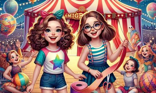 Deux filles, Lila et Zoé, âgées de 12 ans, se tiennent au centre de la scène. Lila, avec ses boucles brunes, porte un t-shirt coloré et un short en jean, tenant un ballon en forme d'étoile. Zoé, aux cheveux châtains et lunettes rondes, est en robe à rayures et a un rouleau de tissu coloré pour décorer les ballons. En arrière-plan, le chapiteau du cirque Magnifico, avec des rayures rouges et blanches, brille sous les lumières. Des artistes en costumes colorés jonglent et rient, tandis que des ballons géants flottent, illuminés par des guirlandes. Lila et Zoé collaborent avec les artistes pour créer des ballons géants colorés dans une ambiance joyeuse, prêtes pour la grande parade.