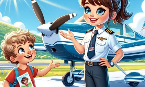 Claire, pilote d'avion, se tient à côté de son petit avion blanc, souriante et enthousiaste. Elle porte une combinaison de pilote bleue, avec des lunettes de soleil sur le front et des cheveux châtains en queue de cheval. Ses yeux brillent de passion alors qu'elle explique aux enfants comment piloter un avion. Lucas, un garçon de 8 ans, à ses côtés, écoute avec curiosité, levant la main pour poser une question. Emma, une fille de 7 ans aux cheveux bouclés, écoute attentivement, tenant un dessin de nuages. L'aérodrome ensoleillé est entouré de collines verdoyantes et de fleurs colorées, avec un ciel bleu et quelques nuages. Claire partage sa passion pour l'aviation, montrant aux enfants les différentes parties de l'avion et captivant leur attention avec ses récits d'aventure.