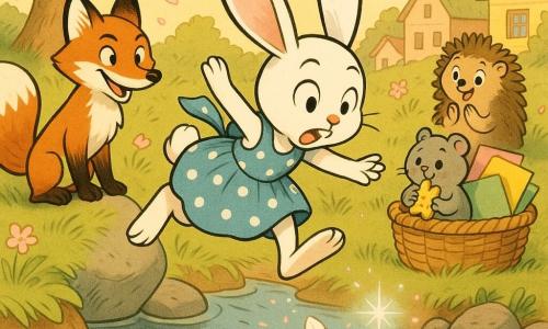 Cocotte, petite lapine blanche aux grandes oreilles roses en tablier bleu à pois, saute pour attraper une carte glissant vers un ruisseau pendant qu'une minuscule plume magique lumineuse scintille à proximité; à gauche, Renard, renard roux malicieux sur une pierre, est prêt à aider; Émilie, souris grise ronde, tient un biscuit en forme de lapin et observe inquiète depuis le panier, et Dodo, hérisson brun, applaudit derrière le panier. La scène se passe dans une clairière printanière avec herbe verte, ruisseau peu profond, panier en osier rempli de cartes colorées, maisons en bois pastel et grand arbre fleuri; des pétales tombent, la lumière est chaude et dorée, couleurs vives et textures de crayon, composition centrée sur le geste.