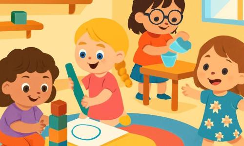 Quatre enfants jouent dans une classe lumineuse aux murs jaunes. Lila, 3 ans, construit une tour de cubes colorés. Zoé, également 3 ans, est prête à dessiner un grand rond. Amaya, 3 ans, verse de l'eau dans un gobelet, tandis que Nour, 3 ans, marche sur une ligne bleue, les bras ouverts. Les enfants s'encouragent, illustrant la joie et la confiance en soi dans un moment de partage.