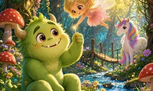 Léo, petit monstre timide au pelage vert pâle et yeux noisette, est assis sur la rive d’un ruisseau scintillant couvert de petites fleurs et tend la main pour aider Lola, une très petite fée aux cheveux blonds, robe rose pâle et ailes translucides tenant une main magique dorée; une licorne blanche à crinière arc‑en‑ciel les observe près d’un pont de bois, le tout dans une forêt enchantée aux arbres moussus, champignons rouges à pois blancs et rayons de soleil, ambiance douce, chaleureuse et rassurante, couleurs pastel, composition claire pour un enfant de 4 ans.