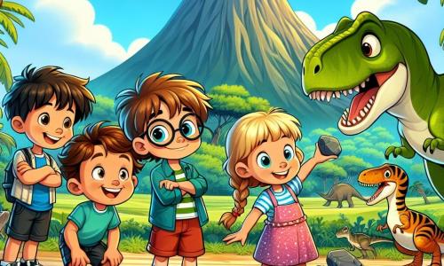 Quatre enfants souriants se tiennent ensemble. Léo, un garçon de sept ans aux cheveux bruns, pointe un dinosaure au loin. Mia, avec des cheveux blonds tressés et une robe rose, regarde le dinosaure avec surprise. Sam, portant des lunettes et un t-shirt vert, tient une pierre, tandis que Zoé, accroupie avec une casquette rouge, caresse un vélociraptor. En arrière-plan, une forêt préhistorique luxuriante et un volcan fument sous un ciel bleu. Les enfants travaillent ensemble pour dévier un flot de lave menaçant la forêt, utilisant des pierres pour construire un canal, affichant détermination et excitation.