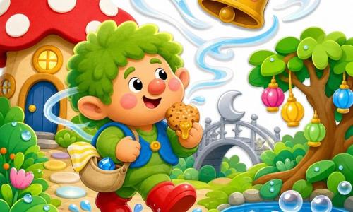 Toubou, un troll rond et mignon aux cheveux verts mousse, nez bouton et bottes rouges, sourit en avançant vers la droite en tenant un biscuit au miel ; il porte une petite poche beige contenant une pierre bleue brillante et un mouchoir rayé jaune. Une petite cloche dorée et rieuse vole au-dessus du sentier, entourée de rubans translucides blancs et bleus qui suggèrent le vent; Toubou la suit sur un chemin pavé de pierres lumineuses dans une clairière colorée avec un grand champignon-maison rouge à pois blancs, feuilles vernies, un pont argenté au loin, une mare à bulles et un arbre aux lanternes multicolores, le tout dans une ambiance douce aux couleurs vives et contours arrondis, style gommettes.