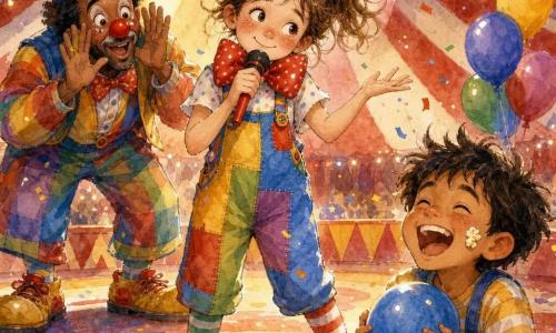 Fille de 10 ans, ravie et timide, joues rosies et yeux brillants, en salopette multicolore, énorme nœud papillon rouge, chaussettes rayées, tenant un faux micro et faisant un geste comique au centre de la scène ; Bobo le clown (≈40 ans), drôle et bienveillant, nez rouge, maquillage discret et chaussures trop grandes, se tient en retrait à gauche en faisant une grimace exagérée pour l'encourager ; garçon d’environ 8 ans au premier rang à droite rit aux éclats, tient un ballon bleu et a une tache de pop‑corn sur la joue ; grand chapiteau rayé rouge et blanc orné de guirlandes lumineuses chaudes, projecteurs jaunes et roses, confettis colorés ; scène de répétition/spectacle joyeux avec accessoires de cirque (ballons, balles, faux nez), ambiance festive ; style aquarelle douce et contrastée, textures de papier visibles, éclaboussures de peinture autour des lumières et des confettis, palette vive (rouge, jaune, bleu, vert) avec ombres légères.