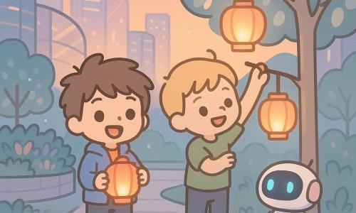 Hugo, 6 ans, souriant, cheveux bruns en bataille, veste bleu clair, tient un lampion rouge allumé ; Max, environ 6 ans, joyeux, cheveux blonds courts, t-shirt vert, l'aide à l'accrocher à une branche ; un petit robot blanc et rose aux yeux LED bleus, perdu, se tient au pied d'un arbre ; lieu : parc urbain du futur au crépuscule avec allées pavées luisantes, arbres aux feuilles miroirs, jardins suspendus et tours en verre ; situation : les garçons allument et accrochent des lampions flottants qui éclairent doucement le parc, ambiance chaleureuse et ciel orangé.