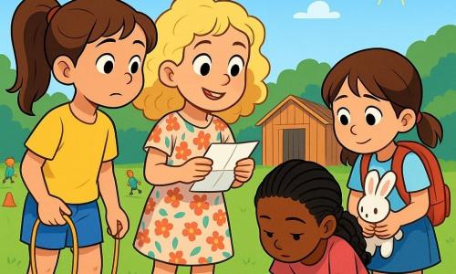 Quatre filles sont présentes : Léna, 9 ans, cheveux bruns en queue de cheval, t-shirt jaune et short bleu, tient une corde à sauter ; Zoé, 8 ans, cheveux blonds bouclés, robe à fleurs, sourit en tenant un papier plié ; Malika, 9 ans, cheveux noirs tressés, t-shirt rose et pantalon vert, est accroupie en examinant le sol ; Inès, 7 ans, couettes brunes, sac à dos rouge et jupe en jean, tient un lapin en peluche, timide. L'action se déroule sur un terrain de sport avec de l'herbe verte, un cabanon et des plots orange. Les filles enquêtent sur le désordre du cabanon, Léna et Malika scrutent le sol, Zoé montre le papier à Inès, qui est hésitante mais curieuse. L'atmosphère est mystérieuse et amicale, ponctuée de rires et de sourires.