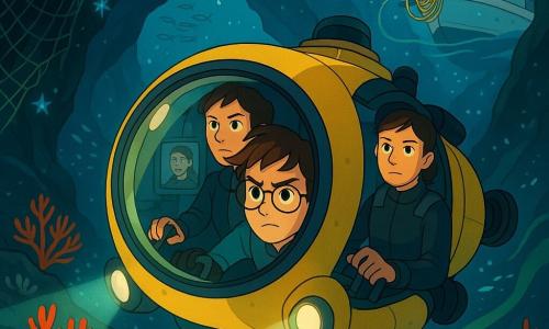 Garçon de 12 ans aux lunettes et cheveux châtains en bataille, concentré et courageux, serre l’accoudoir d’un petit submersible jaune et regarde par le hublot; derrière lui Inès, mécanicienne d’environ 30 ans en tenue sombre et combinaison partielle, tient les commandes, tandis que Maëlys, capitaine d’environ 38 ans, apparaît vigilante dans un module de secours à l’arrière et Tarek, matelot d’environ 25 ans, est visible en surface sur le pont préparant des cordages; le submersible glisse à travers un récif corallien rouge et orange, entre des arches rocheuses brillantes, étoiles bioluminescentes bleues et bancs de poissons argentés, poussé par un courant vert qui déroule des rubans tandis qu’un filet de pêche abandonné menace sur la gauche; ambiance tendue et émerveillée, couleurs saturées et contrastées, éclairage dramatique des bioluminescences et des hublots, composition centrée sur le garçon.