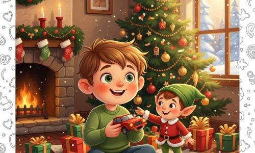 Un garçon de 8 ans aux cheveux châtain clair et yeux verts, souriant, tient une voiture télécommandée rouge assis au milieu de papiers cadeaux déchirés; à droite, Léo, un lutin d’environ 30 cm à la peau claire, bonnet vert pointu et veste rouge bordée de fourrure, pose une main sur son épaule près d’un sapin décoré de boules rouges, guirlandes dorées et lumières clignotantes; le salon cosy avec parquet foncé et cheminée en pierre, chaussettes suspendues et neige visible à la fenêtre, baigne dans une lumière douce et chaude, conférant une ambiance festive avec rubans brillants et confettis au sol.