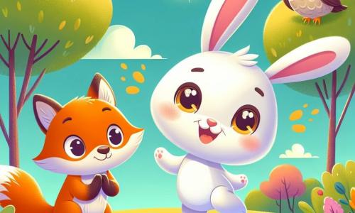 Un petit lapin blanc nommé Léo, avec de grandes oreilles et des yeux curieux, se tient au centre, souriant et sautant de joie, confiant. À sa droite, un renard orange vif applaudit Léo avec fierté. À gauche, un hibou sage, perché sur une branche, sourit et encourage Léo. La scène se déroule dans un parc ensoleillé, rempli de fleurs colorées et d'arbres verdoyants, sous un ciel bleu clair avec des nuages blancs. Léo vient de surmonter sa timidité et se joint à ses amis pour jouer à cache-cache, célébrant sa nouvelle confiance.