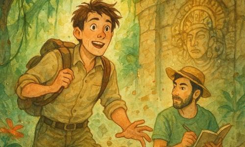 Victor, un homme d'une trentaine d'années aux cheveux bruns en désordre et aux yeux pétillants, se tient au centre d'un ancien temple caché dans la jungle. Il porte une chemise beige, un pantalon cargo et un sac à dos rempli d'outils d'exploration, affichant une détermination mêlée d'émerveillement. À ses côtés, Thomas, environ 28 ans, avec des cheveux noirs et une légère barbe, observe les fresques du temple, chapeau de paille sur la tête, carnet de croquis et crayon à la main. La jungle luxuriante est peuplée d'arbres géants, de lianes et de fleurs colorées, tandis que des rayons de soleil illuminent les gravures mystérieuses sur les murs. L'ambiance est magique mais tendue, alors qu'un tremblement de terre secoue le sol, menaçant leur découverte.