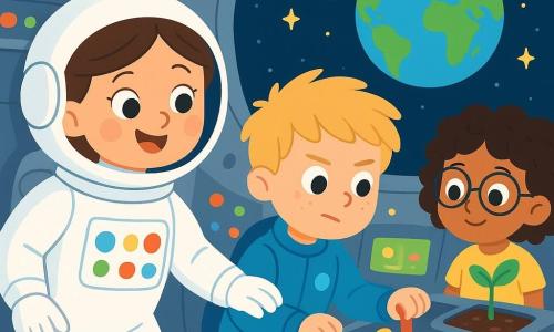 Lila, une astronaute souriante aux cheveux bruns en chignon et portant une combinaison blanche brillante, flotte dans une fusée futuriste. Ses yeux pétillent d'excitation alors qu'elle est entourée de boutons colorés et d'écrans lumineux. À côté d'elle, un garçon pilote d'environ 10 ans, avec des cheveux blonds en bataille et une combinaison bleue, se concentre sur les commandes. Une fille de 9 ans, portant des lunettes et ayant des cheveux frisés, observe des plantes dans un jardin flottant près de la fenêtre. La fusée, aux parois métalliques argentées et remplie de lumières clignotantes, offre une vue sur la Terre, ronde et bleue, dans un ciel étoilé. Lila et son équipe préparent leur mission dans l'espace, riant et s'entraidant, alors que la fusée vibre doucement, prête à décoller vers les étoiles.