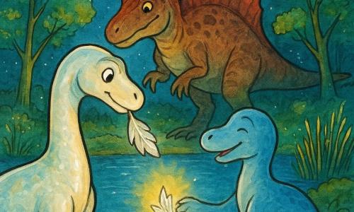 Un diplodocus nommé Nacre, à la peau brillante, tient une feuille argentée dans sa bouche. À côté, Tesselle, une diplodocus à la peau bleutée, sourit avec reconnaissance, sa patte arrière guérie. Derrière eux, Skara, un spinosaurus avec une crête rouge, observe avec un regard protecteur. Ils sont au bord du lac de Miroir, entourés de roseaux scintillants et d'arbres luminescents, sous un ciel étoilé. Nacre pose la feuille sur la patte de Tesselle, illuminant la vallée d'une lumière argentée, tandis que les autres dinosaures applaudissent.