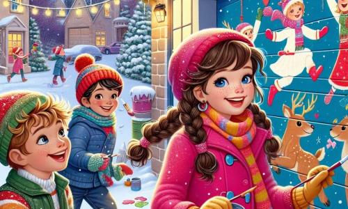 Au centre de l'image, Camille, une petite fille de 9 ans avec de longs cheveux bruns tressés et un grand sourire, peint une fresque colorée sur un mur de garage. Elle est vêtue d'un manteau rose vif, d'une écharpe bleue et de gants jaunes, ses yeux brillent d'excitation. À sa droite, Clara, 10 ans, avec des cheveux blonds bouclés, peint des rennes dansants, portant un bonnet rouge et une veste verte, riant joyeusement. À gauche, Lucas, 9 ans, avec des cheveux châtains en bataille, ajoute des enfants jouant dans la neige, vêtu d'un manteau bleu et d'une écharpe à rayures, concentré et enthousiaste. En arrière-plan, le garage est décoré de guirlandes lumineuses, et la neige recouvre le sol, créant un paysage hivernal magique avec des flocons tombant doucement. La scène montre Camille et ses amis peignant ensemble une fresque joyeuse qui célèbre l'hiver, entourés de rires et de créativité.