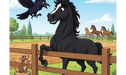 Un grand cheval noir au sourire doux, crinière ondulée et regard brillant hésite devant une clôture en bois, patte levée et muscles tendus; un corbeau aux plumes luisantes vole juste au‑dessus en criant ses encouragements et un petit rat brun perché sur une souche semble applaudir; autour, un champ vert parsemé de fleurs jaunes et une piste de terre, avec quelques chevaux colorés sautant la clôture en arrière‑plan; ambiance lumineuse et joyeuse, couleurs saturées, contours ronds et textures douces, le cheval rassemble son courage pour sauter tandis que ses amis l'encouragent.
