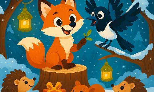 Un petit renard roux, nommé Friselis, se tient sur une souche dans une clairière enneigée, souriant joyeusement avec une brindille à la main. À côté de lui, une pie nommée Plume bat des ailes avec enthousiasme, prête à applaudir. La clairière est entourée d'arbres chargés de neige, éclairée par des lanternes en mousse et brindilles. Les animaux de la forêt, comme des hérissons et des écureuils, se rassemblent autour d'eux, découvrant des cadeaux devant leurs terriers. C'est une fête du Nouvel An magique, célébrant l'amitié et la générosité.