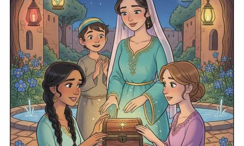 Aïcha, 30 ans, au visage doux et sourire timide, porte une robe longue turquoise brodée d’or et un voile rose pâle, la main posée protectrice sur un petit coffre en bois; Nour, 28 ans, sœur, peau mate, cheveux noirs tressés, le visage tendu qui s’apaise, tend la main droite vers le couvercle à gauche du coffre; Lila, 26 ans, sœur, cheveux châtain clair en chignon, hésitante puis émue, pose la main gauche à côté de celle de Nour à droite du coffre; Sami, garçon d’environ 8 ans aux joues poussiéreuses et petit bonnet coloré, applaudit doucement en arrière-plan à gauche d’Aïcha. Scène nocturne dans un jardin secret : allée pavée, bassinet d’eau brillant, fleurs lumineuses bleu et or, lanternes en verre coloré et murs ocre en arrière-plan. Le coffre verni brun, avec inscription dorée, posé sur un socle de pierre au centre d’une mosaïque rouge et bleue, émet une douce lueur lorsque les mains se joignent. Style graphique aux lignes rondes, couleurs riches et douces (turquoise, ocre, or, bleu nuit), expressions lisibles, atmosphère magique et chaleureuse, sans éléments effrayants.