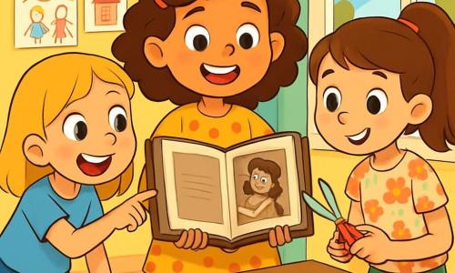 Trois personnages sont présents : Lila, une fille de 10 ans avec des cheveux bruns et bouclés, portant une robe jaune à pois, souriant au centre avec un album photo ancien ; Zoé, à gauche, avec des cheveux blonds et raides, en t-shirt bleu et short en jean, pointant une photo avec excitation ; et Margot, à droite, avec des cheveux châtains en queue de cheval, vêtue d'une blouse à fleurs et d'un pantalon vert, tenant des ciseaux et du papier coloré pour créer un cadre. La scène se déroule dans une chambre lumineuse aux murs pastel, remplie de fournitures d'art. Les trois amies, entourées de rires, travaillent sur un projet de restauration d'une vieille photo pour la fête des pères, symbolisant leur amitié et leur créativité.