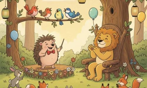 Hugo, petit hérisson rond et piquant, souriant et fier avec un nœud papillon rouge et une baguette de chef d'orchestre, se tient près d'une petite scène en bois où, à droite sur un trône d'écorce, le roi lion majestueux à la crinière dorée applaudit ; des oiseaux colorés perchés aux branches chantent tandis que lapins, écureuils et renards forment un demi-cercle sur l'herbe, la clairière ornée de guirlandes de feuilles, ballons pastel et lanternes en papier sous un grand chêne, fleurs sauvages tout autour, pour un concert d'oiseaux célébrant l'anniversaire du roi dans une ambiance chaleureuse et ludique, couleurs vives et lumière dorée de fin d'après-midi.