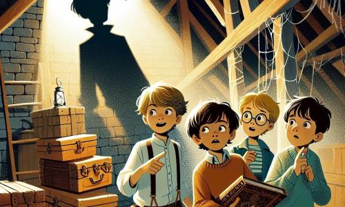 Dans un vieux grenier poussiéreux, quatre garçons se tiennent ensemble, éclairés par des lampes de poche. Hugo, 10 ans, tient un livre ancien, émerveillé. Paul, 11 ans, avec des lunettes, observe une ombre inquiétante sur le mur. Maxime, 10 ans, aux cheveux noirs, pointe l'ombre, fasciné et effrayé, tandis que Léo, 10 ans, en retrait, regarde avec surprise. Le grenier est rempli de vieilles malles, de meubles couverts de draps et de toiles d'araignées. La lumière crée des ombres dansantes, ajoutant à l'atmosphère mystérieuse. Au centre, l'ombre prend une forme humaine, captivant les garçons qui attendent de découvrir ses secrets.