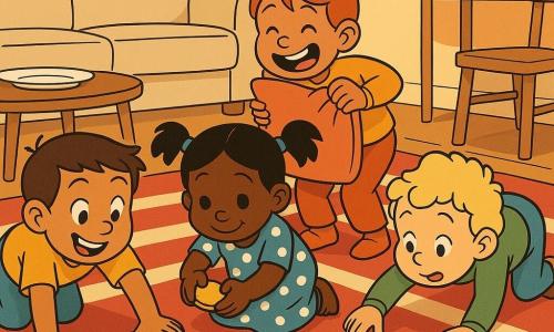 Quatre enfants dans un salon coloré : Léo (6 ans, cheveux bruns courts, t-shirt jaune) fait le pont à gauche en souriant, Mina (5 ans, cheveux noirs en couette, robe bleue à pois) est à genoux au centre et ramasse un biscuit, Tom (4 ans, cheveux blonds légèrement bouclés, pull vert) est à quatre pattes à droite et imite un chat en tendant la main vers un biscuit sous une chaise, Lola (5 ans, cheveux roux attachés, pantalon orange) tient un coussin en barrière derrière Mina en riant avec une dent manquante. Sur un grand tapis rayé rouge et crème, des biscuits dorés roulent vers un canapé beige ; une table basse avec une assiette blanche, une lampe verte sur une étagère et une chaise en bois complètent la scène joyeuse et dynamique.
