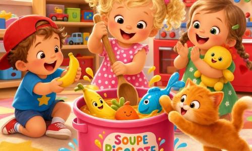Zoé, 2 ans, souriante, cheveux blonds bouclés en couettes, robe rose à pois, remue une casserole en plastique avec une grande cuillère en bois ; Léo, ~3 ans, casquette rouge, t-shirt bleu, tient une banane en plastique et rit à gauche ; Mia, ~3 ans, cheveux châtain clair en nattes, doudou jaune, robe verte, applaudit à droite ; Max, petit chat roux, joue près de la casserole où mijote la 