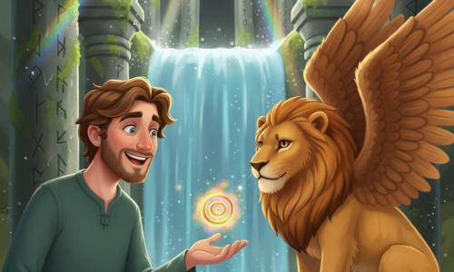 Alaric, sourire émerveillé, cheveux châtain en bataille et barbe courte, tend la main pour recevoir un petit symbole lumineux flottant au-dessus de sa paume ; face à lui, un lion ailé aux ailes d'aigle, fourrure dorée et plumes ocres, yeux ambrés, posé sur un socle de pierre, lui présente le symbole avec une patte griffue mais douce ; le temple derrière une cascade étincelante, murs de pierre couverts de mousse et runes lumineuses, colonnes humides et rayons colorés filtrant à travers la chute ; scène centrale paisible et magique, lumière chaude multicolore jaillissant du symbole, atmosphère d'émerveillement et de sécurité, couleurs riches et textures détaillées, style enfantin et accueillant, éclairage doux à contre-jour.
