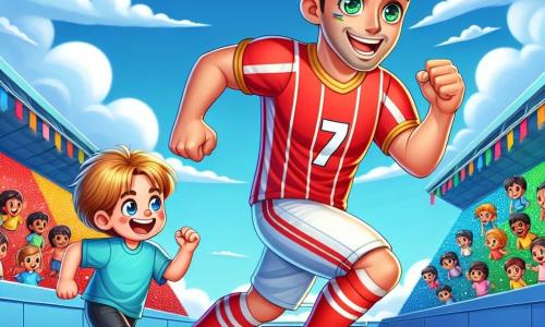 Max, un homme athlétique aux cheveux bruns et aux yeux pétillants, porte un maillot de football rouge et court et dribble le ballon sur un terrain verdoyant, souriant largement. À ses côtés, un petit garçon de 7 ans aux cheveux blonds et aux yeux bleus, en t-shirt bleu et short noir, l'observe avec admiration, les bras levés en encouragement. Le terrain est entouré de gradins colorés remplis de familles joyeuses, sous un ciel bleu parsemé de nuages blancs, avec des arbres verdoyants en arrière-plan. Max dribble avec agilité, tandis que le petit garçon rêve de devenir un grand joueur de football comme lui.