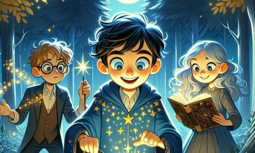 Théo, un jeune sorcier de douze ans, se tient au centre de la clairière, ses yeux brillants d'excitation. Il porte une robe de sorcier bleu nuit ornée d'étoiles, et sa baguette magique émet une lueur dorée. À sa droite, Luna, aux cheveux argentés, prépare une potion dans un chaudron, ajoutant des ingrédients colorés. À gauche, Max, avec des lunettes rondes, observe avec un grimoire ouvert, prêt à aider Théo. La clairière, entourée d'arbres aux feuilles dorées et baignée par la lumière de la lune, crée une atmosphère magique. Théo, Luna et Max sont unis, prêts à affronter une ombre maléfique, symbolisant la lutte entre le bien et le mal.