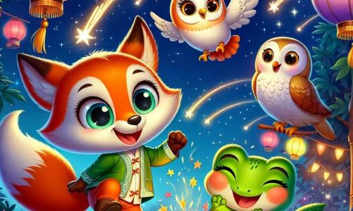 Félix, un renard orange vif avec de grands yeux pétillants et un sourire joyeux, danse sous un ciel étoilé, entouré de lanternes colorées. À ses côtés, Chacha la chouette, avec son plumage blanc, vole en pirouettes, ses yeux brillants d'excitation. Gracie la grenouille, verte et pleine de vie, saute joyeusement, éclaboussant un peu de gâteau au miel. La scène se déroule dans une clairière enchantée, illuminée par des lanternes en papier, où des guirlandes de feuilles décorent les arbres. Les amis célèbrent le Nouvel An, riant et dansant, entourés d'étoiles filantes, créant une atmosphère magique et festive.