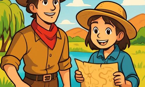 Eli Morel, un cow-boy aux cheveux bruns ébouriffés et portant un bandana rouge, se tient au bord d'un Trou Clair, affichant une expression de détermination. À ses côtés, Luz Ortega, une jeune fille de 12 ans avec un chapeau de paille et une chemise en denim, regarde une carte ancienne, son visage exprimant curiosité et excitation. Ils se trouvent dans un paysage de prairie ensoleillé, avec des saules pleureurs près d'un point d'eau cristallin, des collines rousses en arrière-plan sous un ciel bleu clair. Eli vérifie le niveau de l'eau tandis que Luz consulte la carte pour trouver un ancien canal, créant une atmosphère joyeuse et pleine d'anticipation.