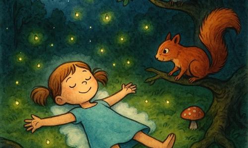 Lila, six ans, calme et souriante, cheveux châtain clair en couettes, porte une robe bleu pastel et est allongée sur le dos en posture d'étoile sur une clairière tapissée de mousse, un rayon de lune argenté l'éclaire, un petit écureuil roux perché sur une branche basse à droite la regarde, des lucioles jaunes et vertes flottent autour d'elle, un hibou gris clair observe depuis un châtaignier à l'arrière-plan, de petits champignons rouges à pois blancs et des troncs sombres complètent la scène ; elle semble enveloppée d'un duvet blanc imaginaire dans une atmosphère nocturne sereine aux touches aquarelle pastel et contrastes d'encre.