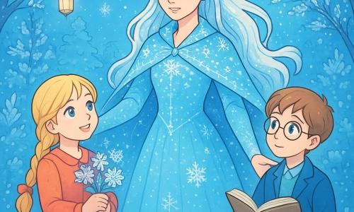 La Reine des Neiges, femme majestueuse d'une beauté éthérée, se tient au centre de la scène dans un manteau scintillant fait de flocons de neige. Son visage est doux, ses yeux brillent de détermination et elle tend la main en geste de réconciliation. À ses côtés, Gerda, une petite fille de 8 ans aux cheveux blonds, l'admire tout en tenant des fleurs de givre, tandis que Kay, un garçon de 9 ans avec des lunettes rondes, découvre un livre. La scène se déroule dans un jardin public enchanteur, avec des arbres couverts de glace et des fleurs de givre sous un ciel bleu clair, créant une ambiance magique. La Reine partage un moment d'apprentissage avec les enfants, expliquant comment transformer la froideur en chaleur et l'isolement en amitié.