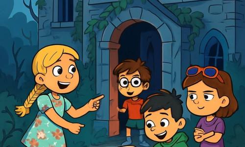 Quatre enfants se tiennent devant un vieux manoir mystérieux. Léo, 9 ans, avec des cheveux bruns en bataille et des lunettes rondes, porte un t-shirt rouge et un short bleu, affichant une curiosité palpable. Chloé, 8 ans, aux longs cheveux blonds tressés et sourire malicieux, en robe à fleurs et bottes en caoutchouc, pointe la porte entrouverte. Maxime, 9 ans, avec des cheveux noirs et des taches de rousseur, vêtu d'un sweat à capuche vert et d'un jean, est penché sur un livre ancien avec excitation. Zoé, 8 ans, châtaine et portant des lunettes de soleil, en t-shirt violet et pantalon en denim, observe les environs avec détermination. Le manoir, entouré de ronces et de feuilles mortes, a des murs en pierre grise couverts de lierre, avec des fenêtres brisées laissant entrevoir des ombres inquiétantes. Une brume légère ajoute à l'atmosphère mystérieuse alors que les enfants s'apprêtent à découvrir les secrets de ce lieu hanté.