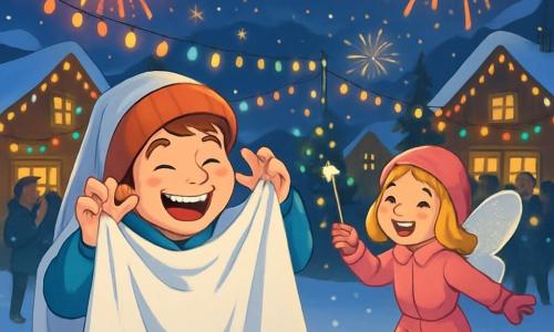 Un garçon de 12 ans, Lucas, souriant et vêtu d'un bonnet rouge et d'un manteau bleu, fait des grimaces en se déguisant en fantôme avec un drap blanc, riant à la fête. À côté de lui, sa sœur Clara, 10 ans, en combinaison de ski rose et ailes de fée, danse joyeusement avec une baguette en papier brillant. La scène se déroule sur une place d'un village de montagne, décorée pour le Nouvel An, avec des flocons de neige tombant. Lucas et Clara sont entourés de familles joyeuses, participant à la fête avec des feux d'artifice illuminant le ciel nocturne.